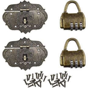Aifeier ET Antique Embossing Decorative Brass Hasp Clasp Latch and Password Padlock with Screws for Small Wooden Jewelry Boxes Wooden Case Furniture Decoration Ordinary Box - 2 Sets