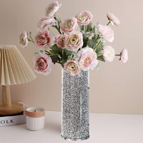 Silver Crystal Flower Vase, 10" Large Crushed Diamond Vase, Shiny Round Modern Luxury Decorative Glass Vase for Home Decor, Dining Table, Bathroom, Bedroom, Sofa Table, Wedding