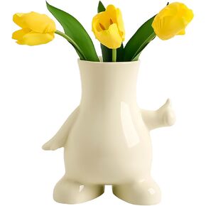 8-Inch Cute Beige Ceramic Flower Vase with Wide Mouth, Chubby Thumbs Up Body Vase, Glazed Ceramic Vase for Lego Flowers, Modern Aesthetic Vase Home Décor, Trendy Gifts for Men and Women