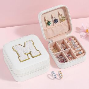 Parima Christmas Gifts - Trendy Travel Jewelry Case, Personalized Gifts - Pink Travel Jewelry Box | Birthday Gifts for Women Christmas Gifts for Teens Girls - Initial M, White on White