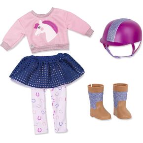 Glitter Girls – 14-Inch Doll Clothes – Horseback Riding Outfit – Pink Sweater & Tutu Leggings – Yellow Riding Boots & Helmet – 3 Years + – Colorful Trails
