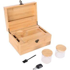 ARTAWEIN Combo Storage Box - Multipurpose Decorative Box with Removable Tray - Combination Lock - Detachable Dividers - 3 Glass Jars - Natural
