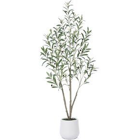Artificial Tree,5FT Fake Olive Tree in White Imitation Ceramic Planter with Lifelike Moss,Faux Olive Silk Tree for Indoor Entryway Modern Decor Home Office Porch Balcony Shopping malls