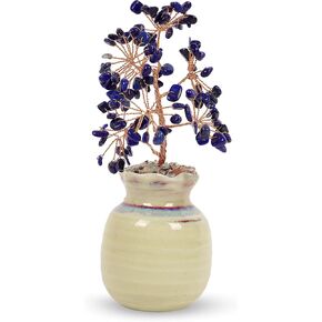 Lapis Lazuli Copper Wire Stone Tree- Bonsai Feng Shui Gemstone Decorative Tree with Ceramic Pot Base