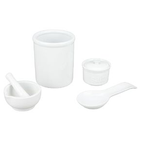 BIA Cordon Bleu Everyday Porcelain Countertop Accessory Set of 4, Utensil Holder-6.25", Jumbo Spoon Rest-10", Mortar & Pestle-8 oz., Covered Salt Box-4", White