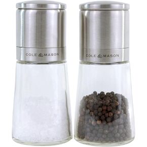 Cole & Mason Clifton Salt & Pepper Mill Gift Set - Adjustable Salt & Pepper Grinders - Refillable Spice Tools - Kitchen Tool - Stainless Steel/Glass, Black/White