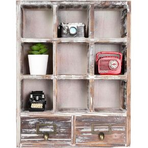 MyGift Wood Shadow Box Shelf, Vintage White Wooden Table Top Display Organizer with 2 Pull Out Drawers for Home, Office Decor