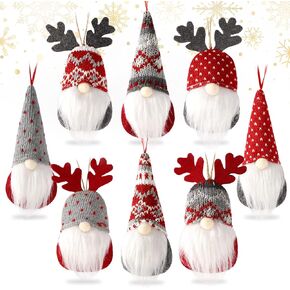Sggvecsy Christmas Tree Hanging Gnomes Ornaments Set of 8 Elk Swedish Handmade Plush Gnomes Scandinavian Santa Elf for Walls Stairs Windows Table Hanging Home Decor Holiday Xmas Decorations