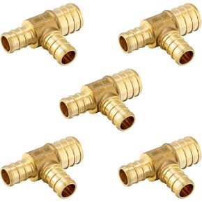 (Pack of 5) EFIELD 3/4" x1/2"x 1/2" Barb Crimp Pex Reducing Tee Brass Fittings, ASTM F1807