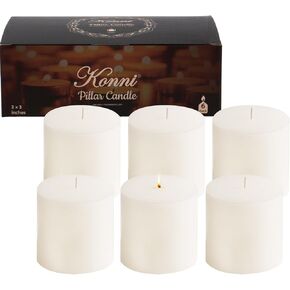 KONNI White Pillar Candles Set of 6, 3"x 3" Unscented Pillar Candles Bulk, 30 Hours Long Burning Candles, Smokeless&Dripless Large Round Candle for Wedding, Home Decoration, Parties, Spas, Dinner