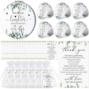 Vercraft 25 Sets Compact Mirror Bulk for Newlyweds Guests Greenery Design Round Portable Mini Mirrors Leather Compact Mirrors Thank You Cards with Organza Bags Wedding Party Guests Souvenir Gift