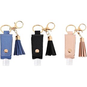 3 Pack Small Hand Sanitizer Keychain Portable Leather Empty Bottles for Toiletry Shampoo Lotion Soap