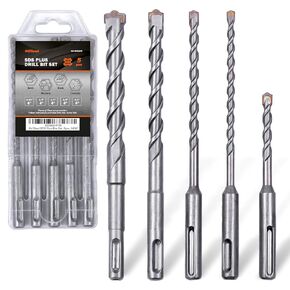 5-Piece SDS Plus Rotary Hammer Drill Bits, Masonry Drill Bits, Carbide Tipped SDS Drill Bit Set for Drilling, SDS Plus Drill Bit Set for Brick, Masonry, Block, Concrete with Storage Case