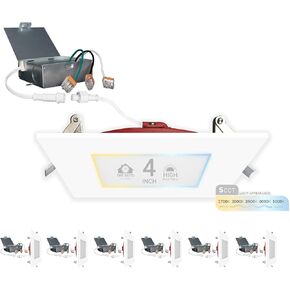 NUWATT 4 Inch 2 Hour FIRE Rated LED Recessed Light, 5CCT 2700K/3000K/3500K/4000K/5000K Selectable, 900 Lumen, Dimmable, IC Rated, Square Ultra-Thin Canless Downlight, No Tenmat Needed, UL ETL, 6 Pack