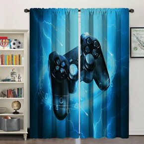 Miyotaa Blue Video Game Curtains 2 Panels 42W x 63H Rod Pocket Cool Teen Boys Gaming Cool Gamepad Polyester Window Drapery Treatment for Bedroom Living Room