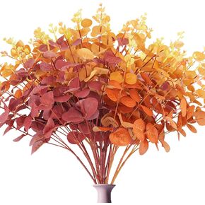 36Pcs Artificial Flowers 12.7in Fake Fall Eucalyptus Leaves Stems Plants for Home Kitchen Wedding Outdoor Office Fireplace Thanksgiving Decor Orange Red Yellow