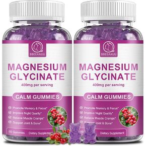 Magnesium Glycinate Gummies 400 mg for Adults, High Absorption Magnesium Malate Supplements with Potassium, Calcium, Vitamin D, B6 & CoQ10 for Night, Muscle Support Cranberry Flavor 60 Count (2 Packs)