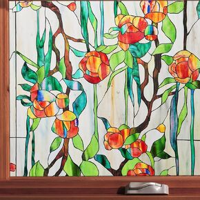 Kromapolis Stained Glass Window Film, 3D Floral Decorative Window Privacy Film, Frosted Window Clings, UV Sun Blocking Non-Adhesive Glass Window Tint for Home (Textured, 16.9 x 39.4 inch)