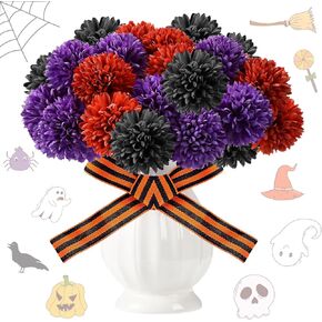 XunYee 24 Pcs Halloween Artificial Flowers Halloween Chrysanthemums Ball Flowers Black Orange Purple Fake Hydrangea for Halloween Party Home Table Centerpieces vase Decor