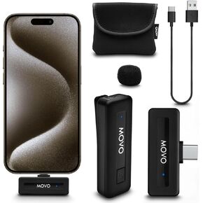 Movo Wireless Mini USB-C Duo Wireless Microphone for iPhone 15 - Ultracompact Bluetooth Microphone for iPhone 15 with Clip on Wireless Lavalier Microphone for iPhone 15