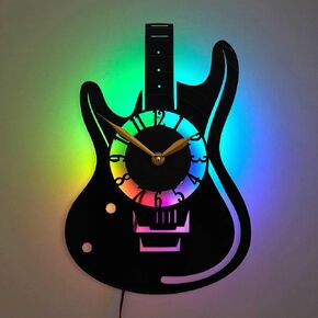 Guitar Player Wall Clock with Led Light, Unique Room Decor for Men, Musician for Guitar Lover, Music Artist Home Birthday Party Decorations, Classic Rock Bass Guitarists Themed Art, Black