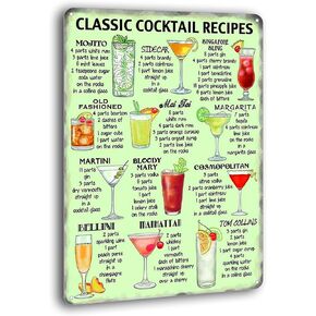 Classic Cocktail Recipes Vintage Tin Sign Bar Club Man Cave Pub Metal Wall Decor 8 x 12 inches