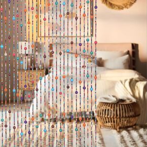 Colorful Boho Bamboo Beaded Curtain 35.5 x 75 Inches 38 Strands Handmade Hanging Wooden Door Beads Hippie Curtains Room Divider for Doorway Window Home Decor, Rainbow