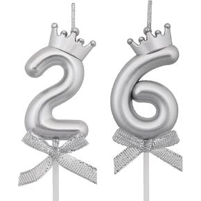 26 62 Birthday Candles, 26th 62nd Cake Candles, Silver Happy Birthday Number 26 62 Candles Cake Topper Decorations for Party Men Women