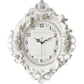 Rustic Wall Clock Decor,European Style Resin Battery Operated Silent Clock with Angel and Rose Relief Pattern for Living Room,Wall Decor (Silvery)
