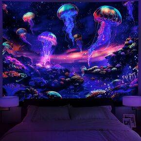 Serborlur Blacklight Trippy Jellyfish Tapestry Galaxy Space Tapestry UV Reactive Hippie Plant Floral Tapestry Fantasy Starry Sky Tapestry Wall Hanging for Bedroom