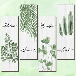 LUHIMO 4 PCS Olive Green Plant Bathroom Wall Decor Aesthetic, Relax Soak Unwind Breathe Wooden Signs for Farmhouse, Home Simplicity Hanging Botanical Wall Art Decorations