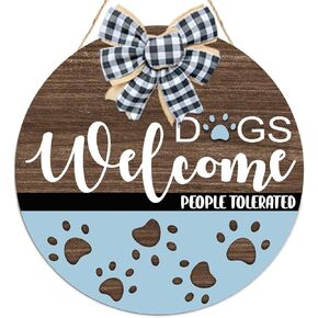 Welcome People Tolerated Dog Front Door Sign,Funny Dog Welcome Wooden Sign,Cute Dog Paw Prints for Dog Lover Home Pet Shop Decor,Dog Wall Decor,Cat Lover Gift