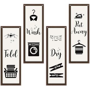 4 Pcs Laundry Room Decor, Put Away Fold Wash Dry Decor Wooden Sign, Funny Minimalist Laundry Wooden Hanging Sign, Rustic Wall Art For Laundry Bathroom Restroom Washroom Home Farmhouse A24
