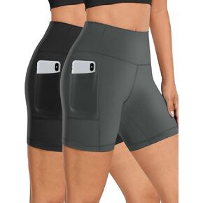 Buauty 2 حزمة المرأة 5 "السراويل القصيرة لراكبي الدراجات النارية مع جيب عالية الخصر اليوغا السراويل تجريب البطن التحكم الصالة الرياضية الدراجة طماق قصيرة in Kuwait