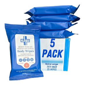 Joint Forces Rinse-Free Body Wipes - XL Shower Wipes for Adults, Camping, Traveling, Gym - Summer Hygiene Essentials, pH Balanced with Vitamin E and Aloe, Disposable, No Rinse Required (5 Pack)