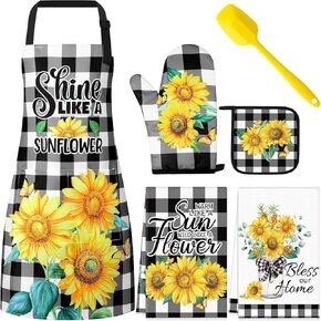 Hoolerry 6 Pcs Religious Kitchen Apron Dish Towels Oven Mitts and Pot Holders Sets with Silicone Spatula for Women Wife Grandma Cooking Baking Gifts (Purple)