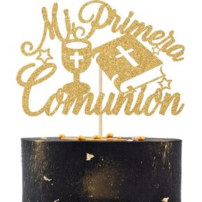 Mi Primera Comunion Cake Topper, Spanish My Bapstim, First Holy Communion Decorations, Baby Shower/Boys Girls 1st Birthday Party Decorations Gold Glitter