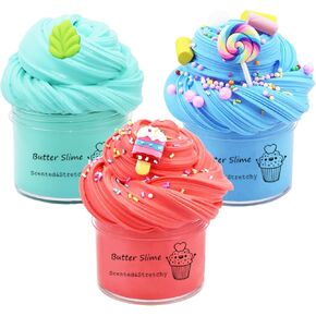 3 Pack Butter Slime Kit Fidget Toy, Blue White and Red Colored, Kids Party Favors, Goodies Bag Toy, Easter Egg Filling Stuffers, X'Mas Stocking Stuffers