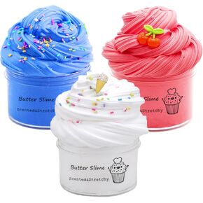 3 Pack Butter Slime Kit Fidget Toy, Blue White and Red Colored, Kids Party Favors, Goodies Bag Toy, Easter Egg Filling Stuffers, X'Mas Stocking Stuffers