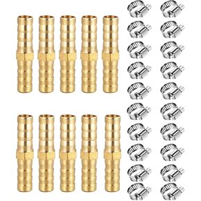 Hose Barb Fitting 5/8" Hose ID,Hex Union Brass Fitting Water/Fuel/Air with 20 Stainless Steel Clamps(Pack of 10)
