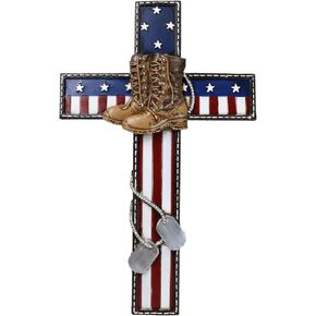 Ebros Gift Rustic Western USA American Flag Military Fallen Soldier With Tactical Boots And Dog Tags Memorial Wall Cross Decor Plaque Vintage Design Hanging Sculpture 11.75" H Decorative Crosses