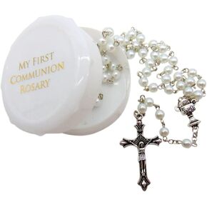 Westmon Works Girl's First Communion Rosary Set White Glass Bead with Metal Chalice Centerpiece and Crucifix with Case and Catholic Holy Prayer Card