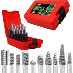 Carbide Burr Set 1/4" Shank – 10 Pcs Double Cut Die Grinder Bits for Milling, Carving, Engraving, Deburring, Drilling Wood & Metals – Carbide Drill Bit Set for Rotary Tools & Die Grinders