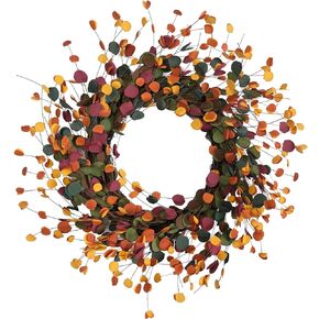Bibelot 20 بوصة سقوط أوراق الأوكالبتوس إكليل، لمسة ناعمة مختلطة اللون الخريف إكليل أوراق الخريف لديكور الباب الأمامي، الحصاد وعيد الشكر ديكورات المنزل، استخدام داخلي / خارجي in Kuwait
