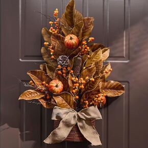 Valery Madelyn Silk Magnolia Leaves Fall Wreath for Front Door, 24'' Pumkin Wreath with Lights Basket Ribbon for Harvest Autumn Thanksgiving, Orange Tree Shape Wreath for Home Decor