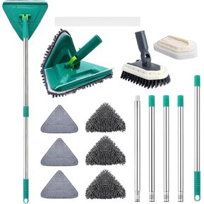 Wall Cleaner Mop with Long Handle 85 Inches Baseboard Cleaner Tool Duster with 6 Replacement Pad and 2 Tile Tub Brush, Wall Mop for Cleaning Ceiling Window Tile Tub, Green
