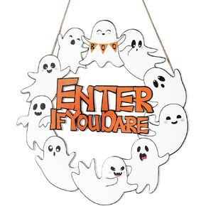 Cute Ghost Halloween Decorations Wreaths for Front Door, Halloween Hanging Sign, Enter If You Dare Halloween Door Sign, Wooden Halloween Decorations for Home Outdoor Yard Wall Size 11 Inches (Ghost)