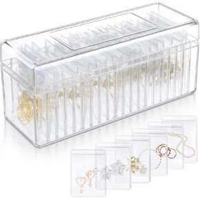 Acrylic Jewelry Organizer, Clear Acrylic Jewelry Box Organizer With 20 Portable Anti Tarnish Jewelry Bags, Clear Earring Storage Organizer For Rings/Necklaces For Women Girls