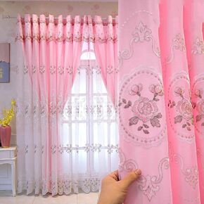 Amidoudou 1 Pair European Luxury Jacquard Embroidered Curtains Pink Double Layer Curtains with Valances for Living Room (Pink,54x84 Inch)
