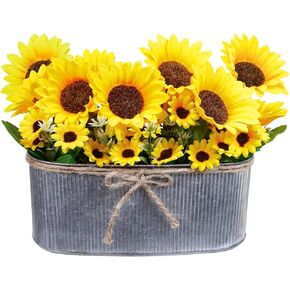 Winlyn 10" Farmhouse Artificial Sunflowers Centerpiece Yellow Sunflower Bouquets in Galvanized Metal Oval Planter Summer Floral Arrangement for Mom Gift Garden Wedding Kitchen Living Room Table Decor
